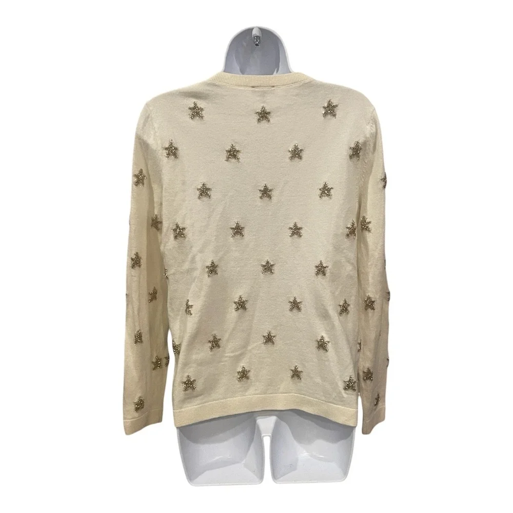 Talbots‎ Womens Cream Gold Tinsel Star Embroidered Crewneck Sweater M Holiday
